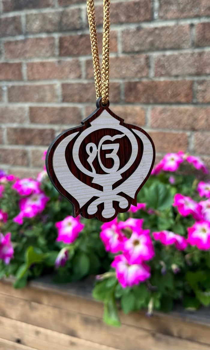Sikh Wooden Hanger Ik Onkar Khanda Design Car Rear View Mirror Pendant ZZ21 NEW