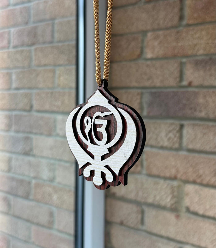Sikh Wooden Hanger Ik Onkar Khanda Design Car Rear View Mirror Pendant ZZ21 NEW