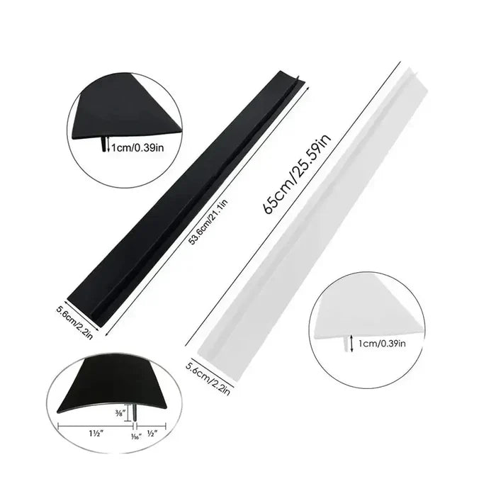 Silicone stove counter gap cover in black and white, T-shape, 65cm long, heat-resistant kitchen accessory.