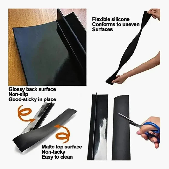 Flexible silicone stove counter gap cover with glossy and matte surfaces for easy cleaning and a non-slip design.