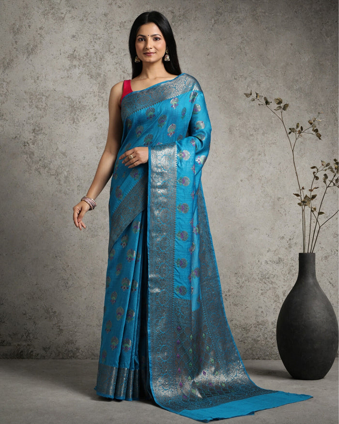 Shop Online Banarasi Muga Tussar Silk Saree in Pacific Blue