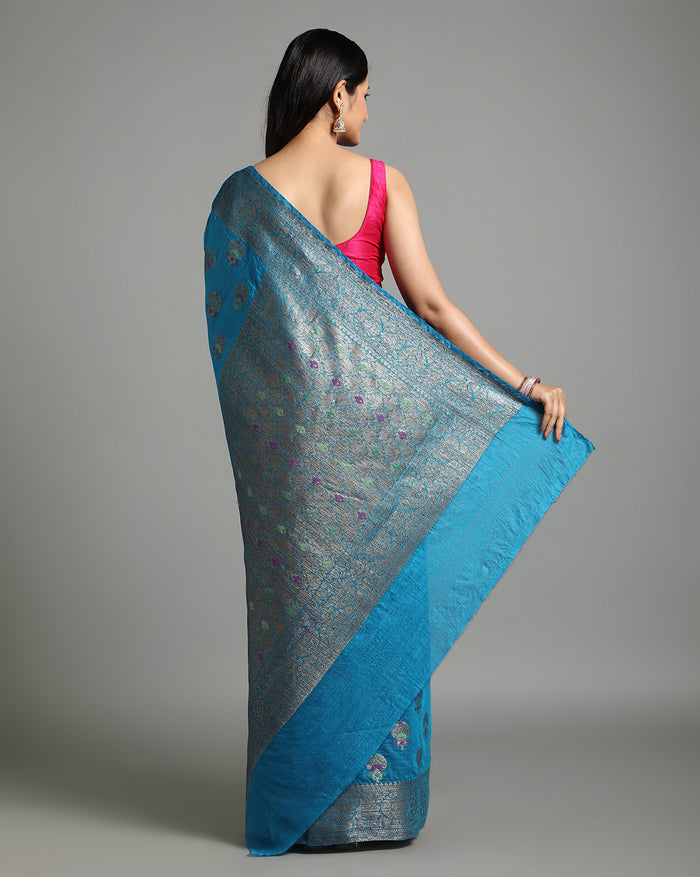 Shop Online Banarasi Muga Tussar Silk Saree in Pacific Blue