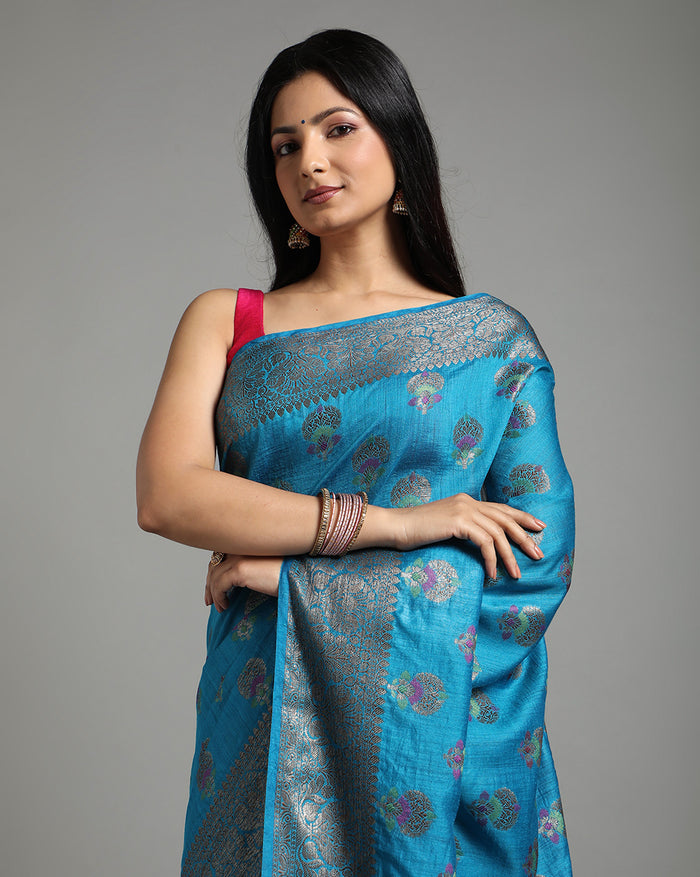 Shop Online Banarasi Muga Tussar Silk Saree in Pacific Blue
