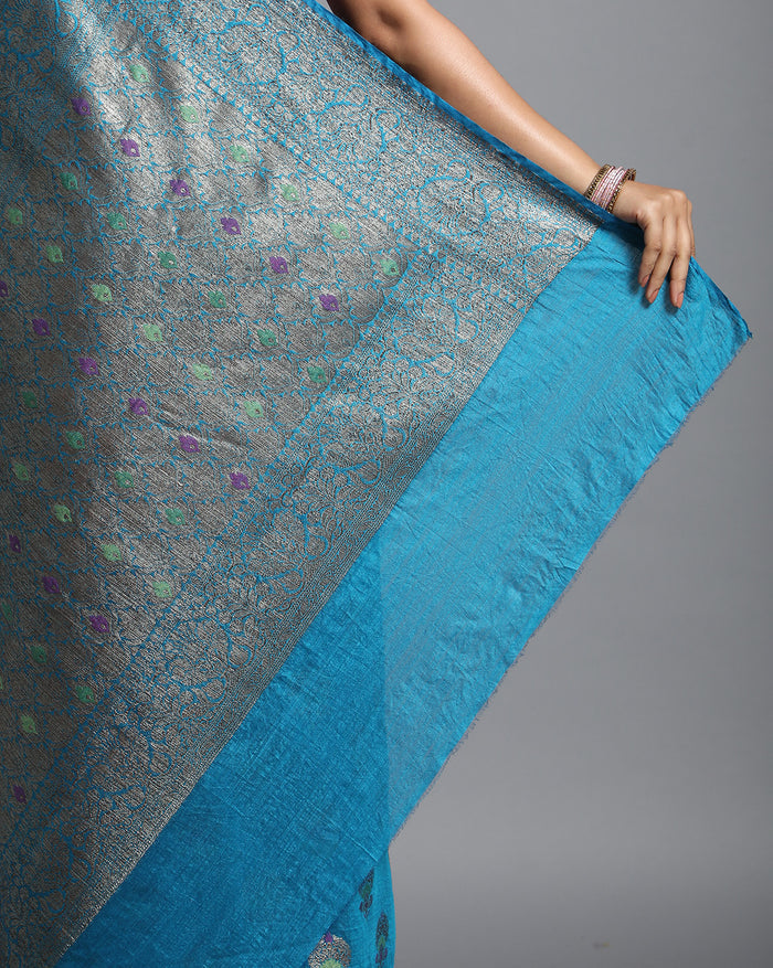 Shop Online Banarasi Muga Tussar Silk Saree in Pacific Blue