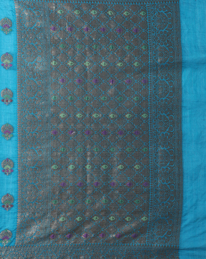 Shop Online Banarasi Muga Tussar Silk Saree in Pacific Blue