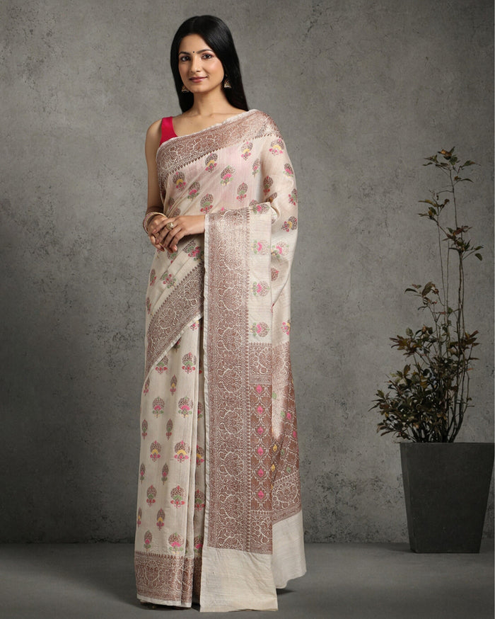 Silkmark Certified Tussar Moonga Banarasi Silk Saree Pale Silver Color with running blouse-Indiehaat
