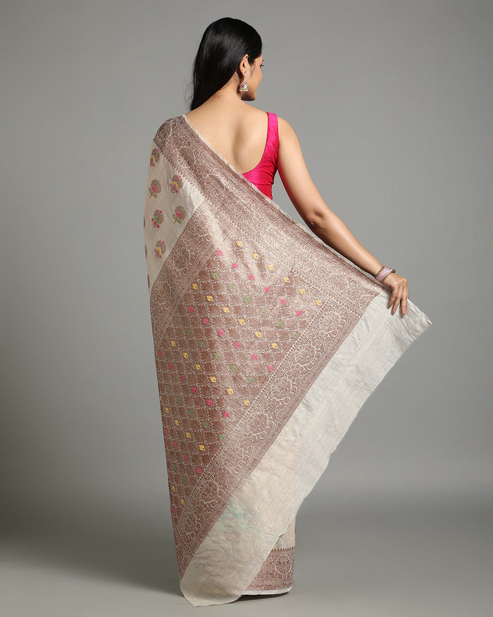 Silkmark Certified Tussar Moonga Banarasi Silk Saree Pale Silver Color with running blouse-Indiehaat