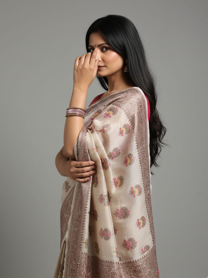 Silkmark Certified Tussar Moonga Banarasi Silk Saree Pale Silver Color with running blouse-Indiehaat