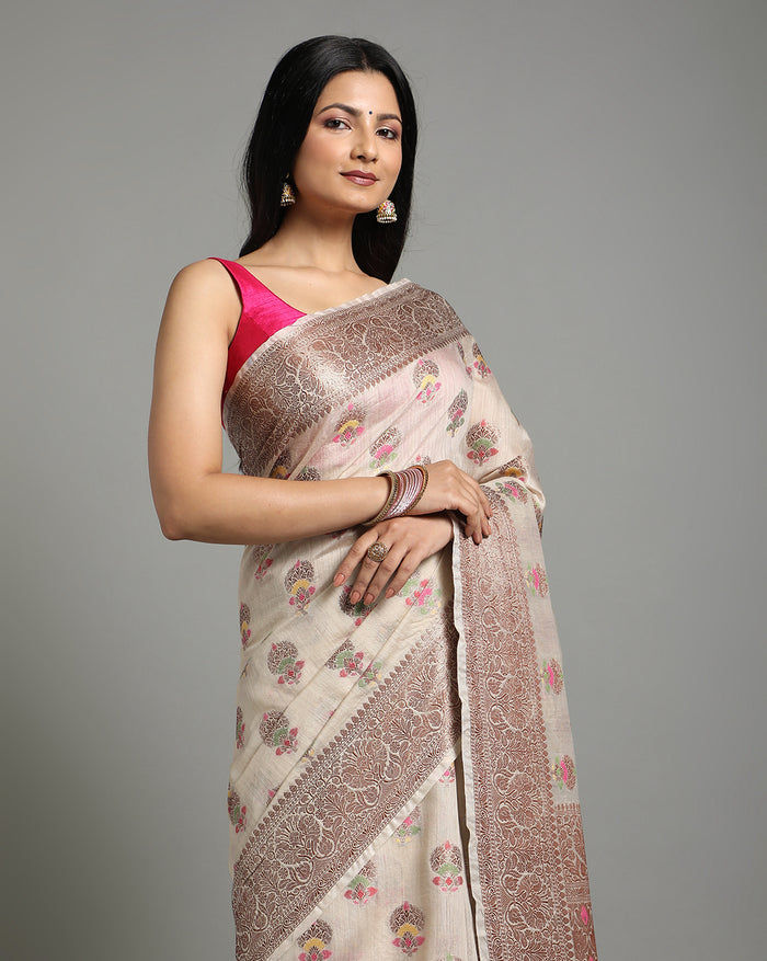 Silkmark Certified Tussar Moonga Banarasi Silk Saree Pale Silver Color with running blouse-Indiehaat