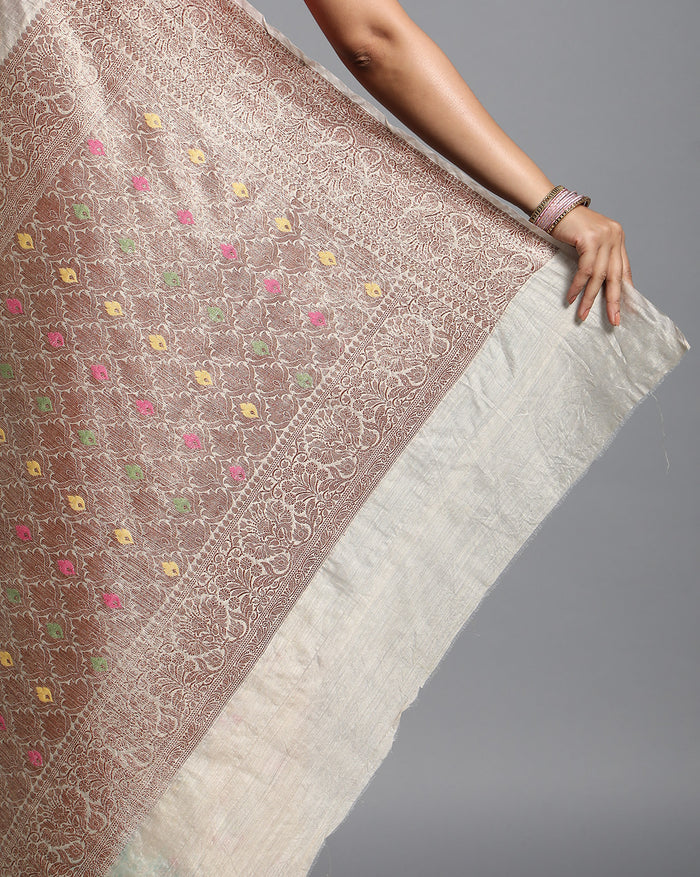 Silkmark Certified Tussar Moonga Banarasi Silk Saree Pale Silver Color with running blouse-Indiehaat