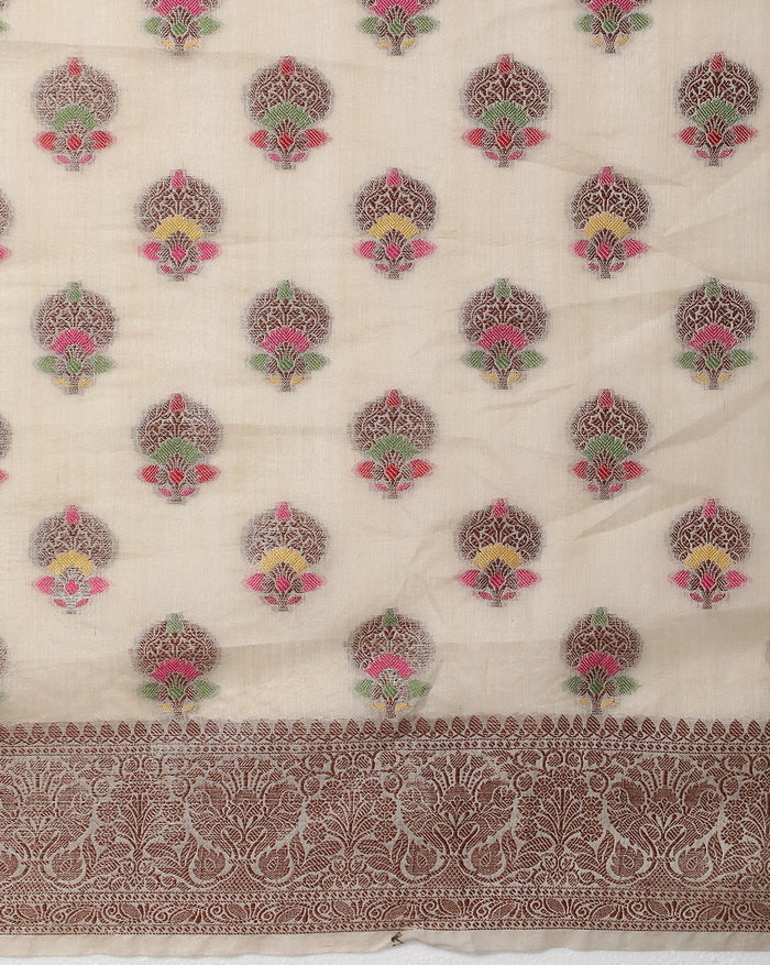 Silkmark Certified Tussar Moonga Banarasi Silk Saree Pale Silver Color with running blouse-Indiehaat