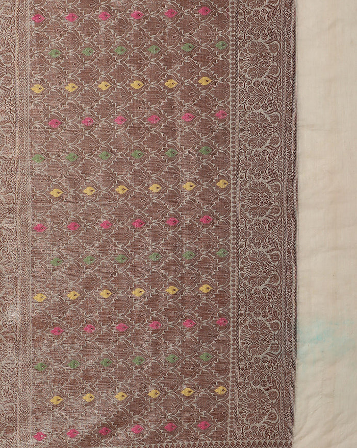 Silkmark Certified Tussar Moonga Banarasi Silk Saree Pale Silver Color with running blouse-Indiehaat