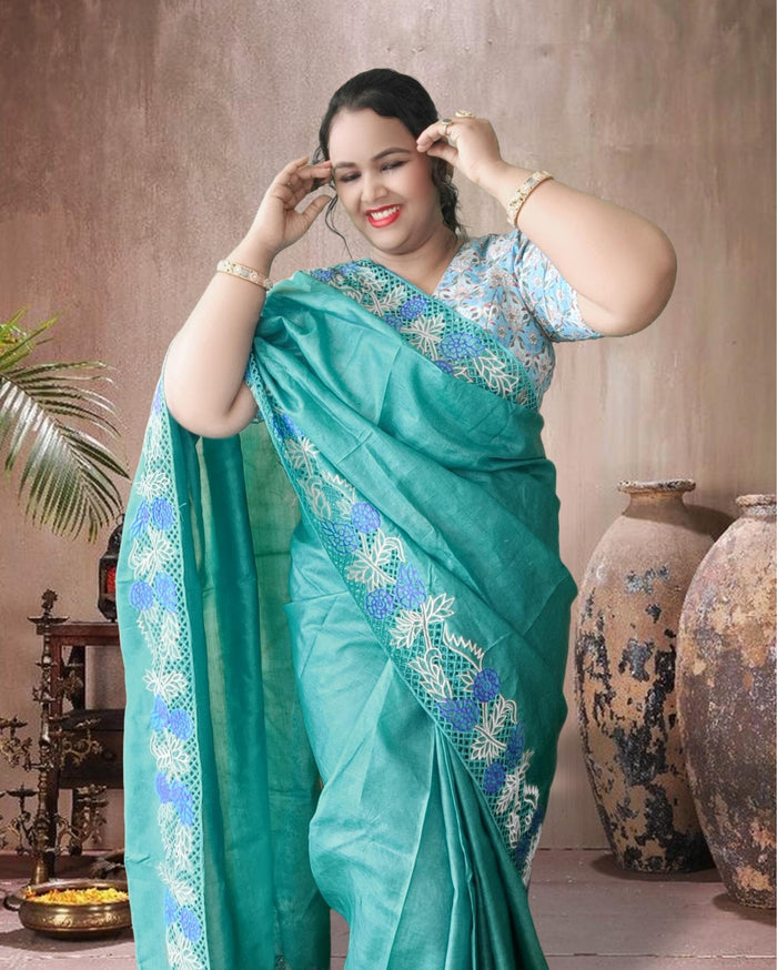 Silkmark Certified Bright Pure Tussar Cutwork Green Saree