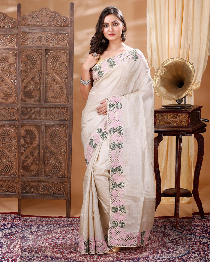 Silkmark Certified Kinetic Pure Tussar Cutwork Beige Saree