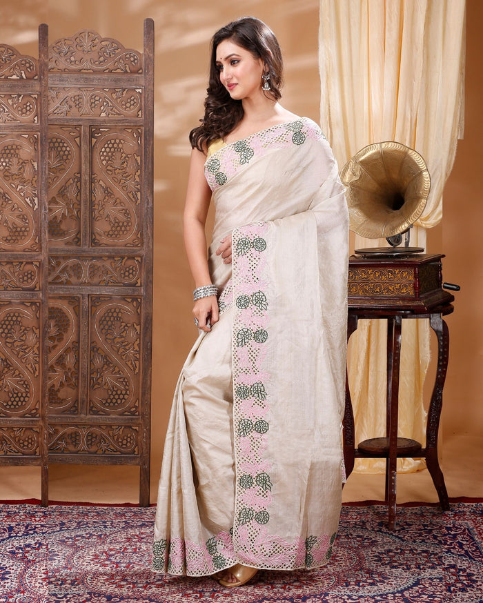 Silkmark Certified Kinetic Pure Tussar Cutwork Beige Saree