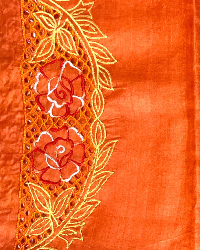 Silkmark Certified Kinetic Pure Tussar Cutwork Saree Orange