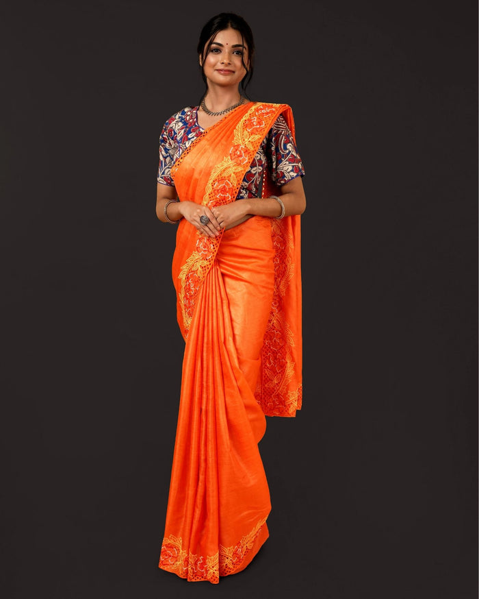 Silkmark Certifiied Pure Tussar Hand Cutwork Saree Orange Colour  (Tussar by Tussar Fabric)-Indiehaat