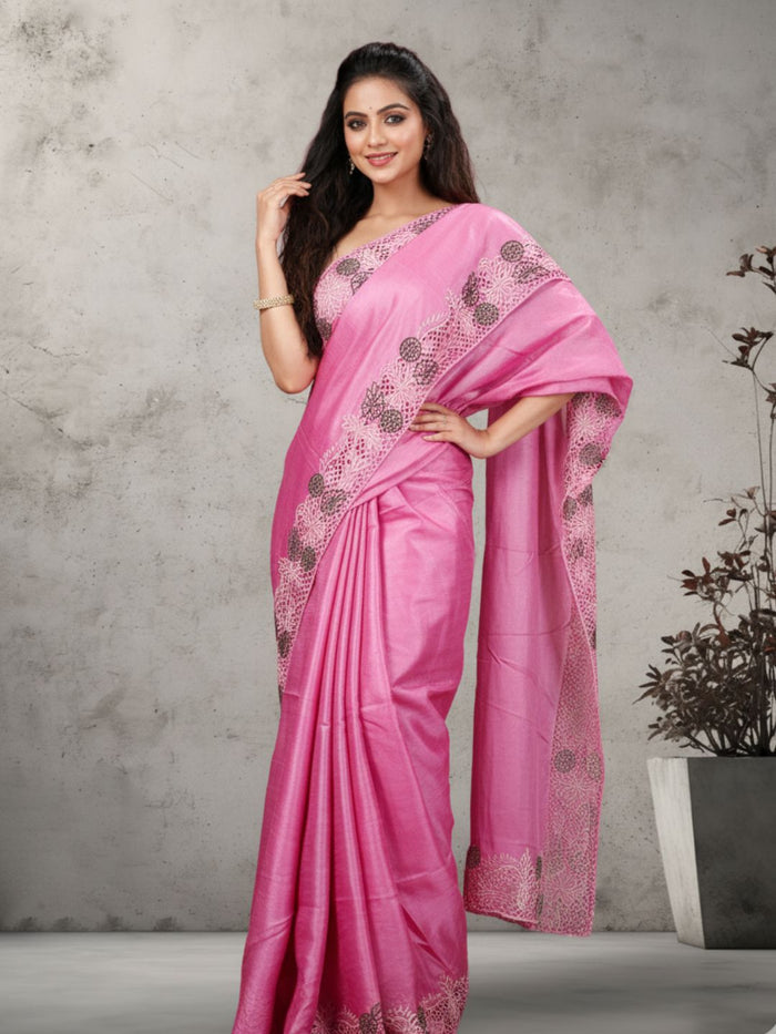 Silkmark Certified Lucid Pure Tussar Cutwork Pink Saree