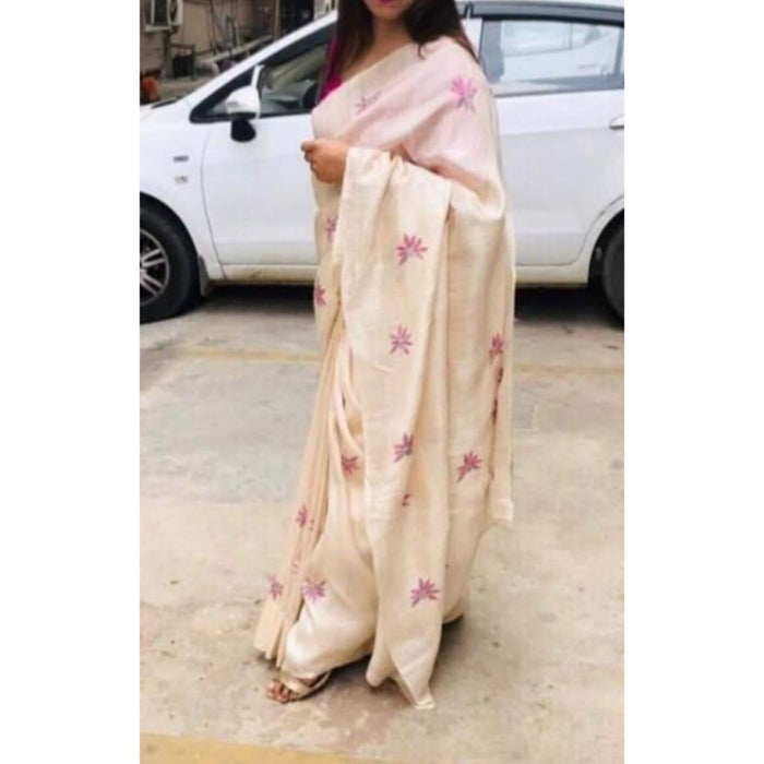Silkmark Certified Pure Tussar Silk Embroidered Off White Saree with Embroidery Colour Blouse (Tussar by Tussar)-Indiehaat