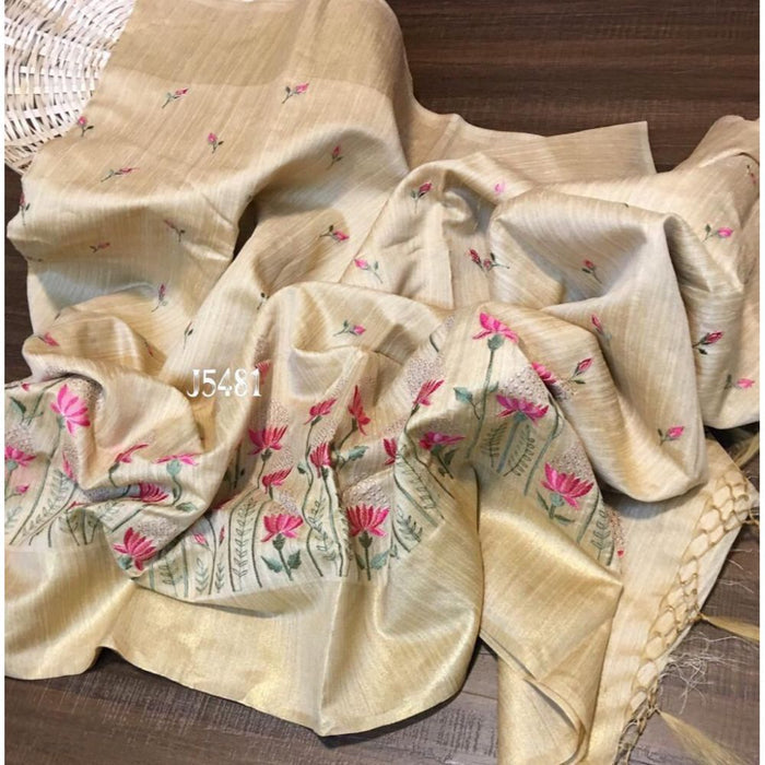 Silkmark certified Pure Tussar Silk Digital Embroidered Biege Saree with Running Blouse (Tussar by Tussar)-Indiehaat