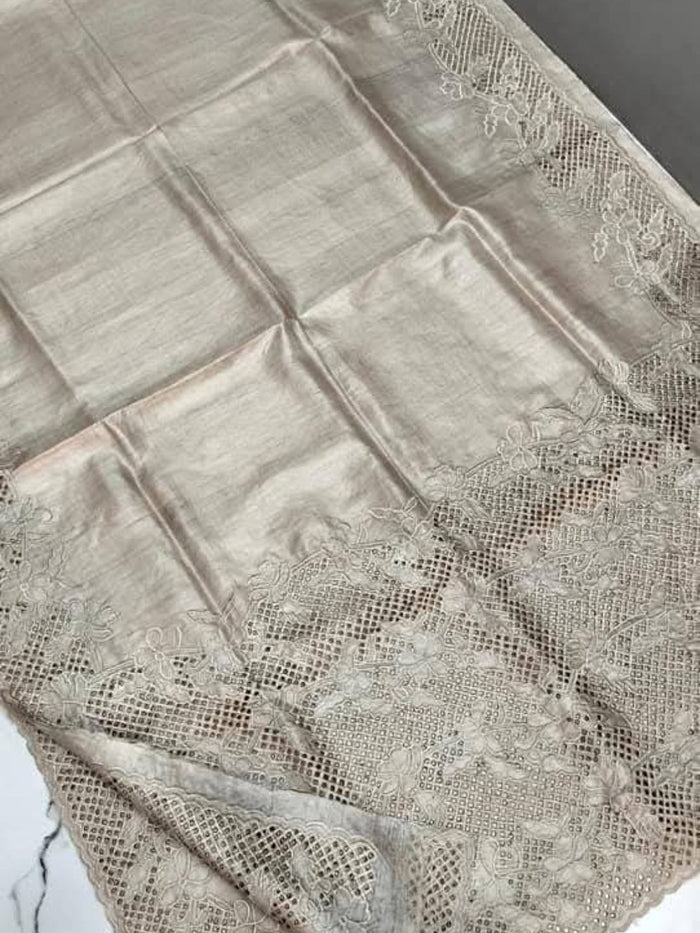 Indiehaat | Silkmark Tussar Silk Cutwork Saree Beige
