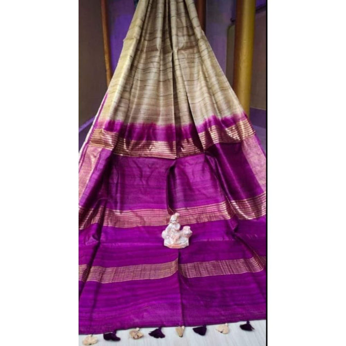 Silkmark Certified Gichcha Tussar Handloom Hand Dyed  Biege Saree with Blouse-Indiehaat