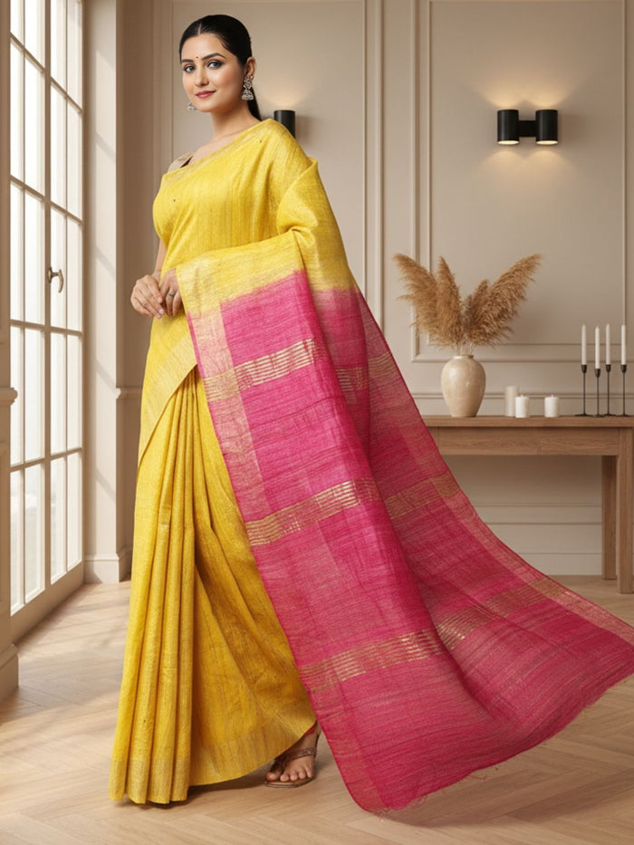 Silkmark Ghicha Tussar Harmonious Yellow & Purple Saree