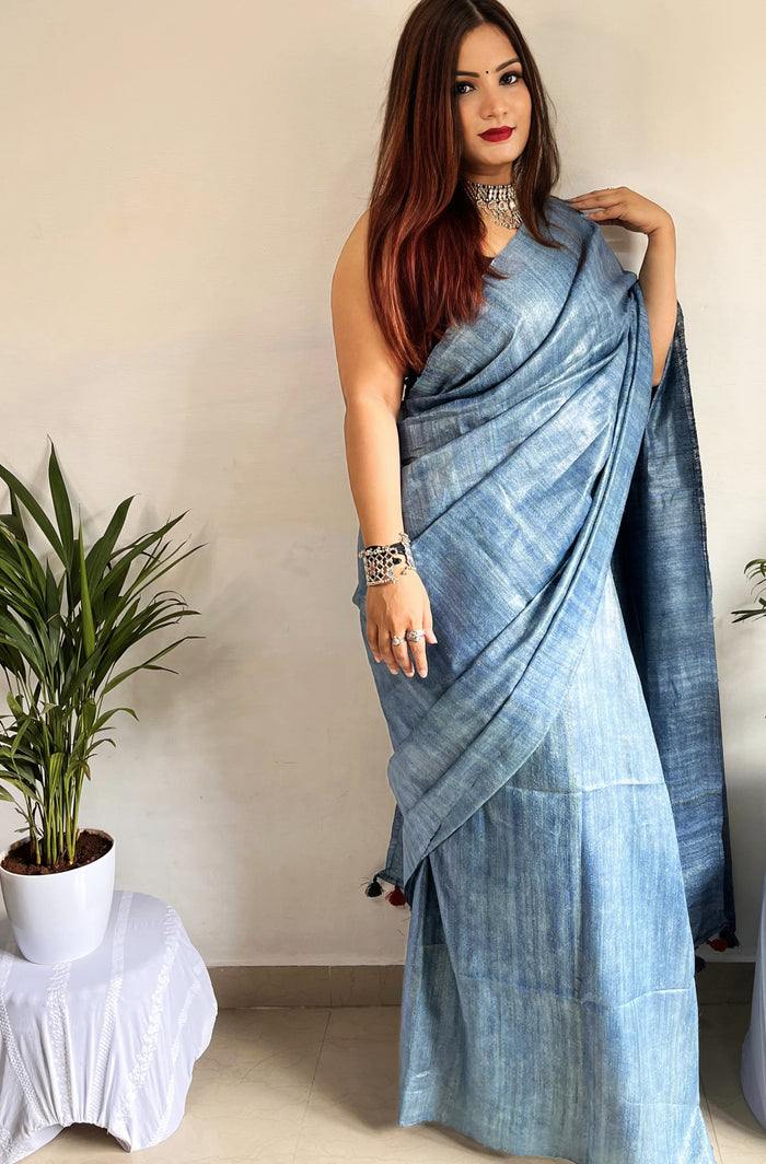 Silkmark Ghicha Tussar Impressive Blue Saree