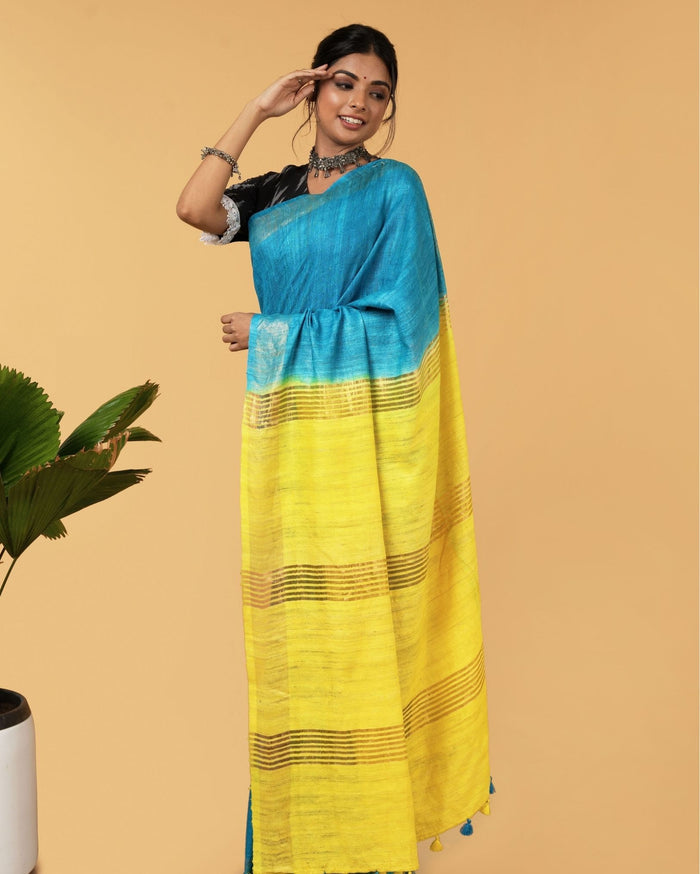 Silkmark Ghicha Tussar Incandescent Blue & Yellow Saree