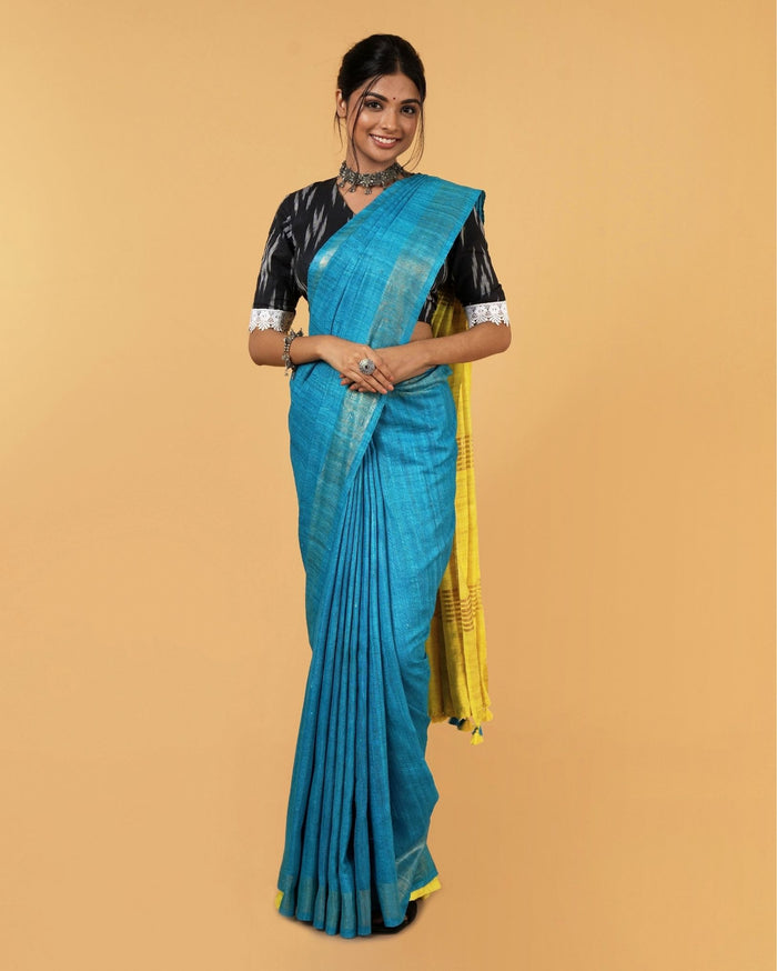 Silkmark Ghicha Tussar Incandescent Blue & Yellow Saree