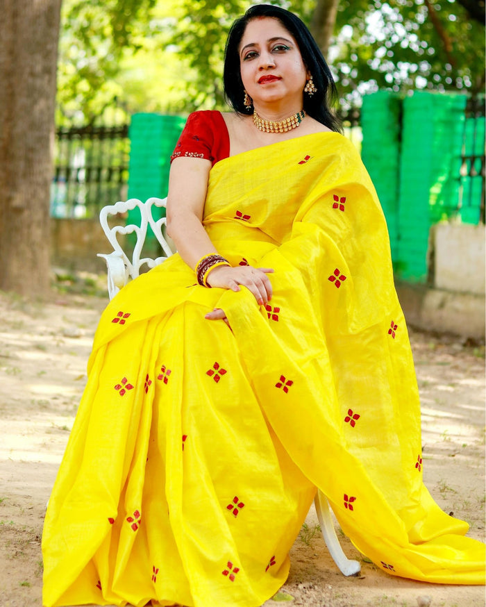 Tussar Silk Saree Online – Floral Buti Embroidery – Festive – Indiehaat
