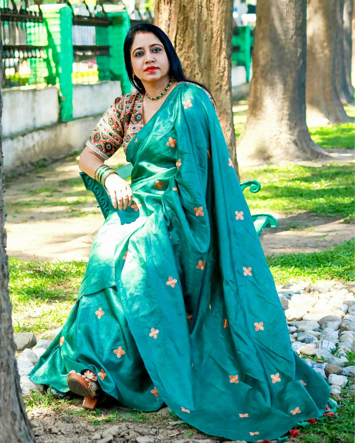 Tussar Silk Saree Online – Floral Buti Embroidery – Party Wear – Indiehaat