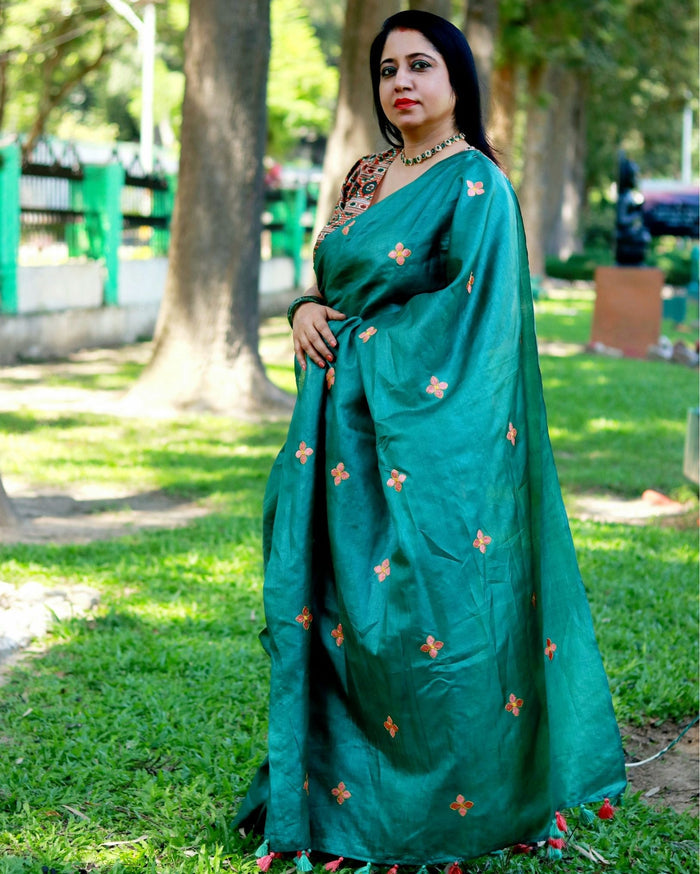 Tussar Silk Saree Online – Floral Buti Embroidery – Party Wear – Indiehaat