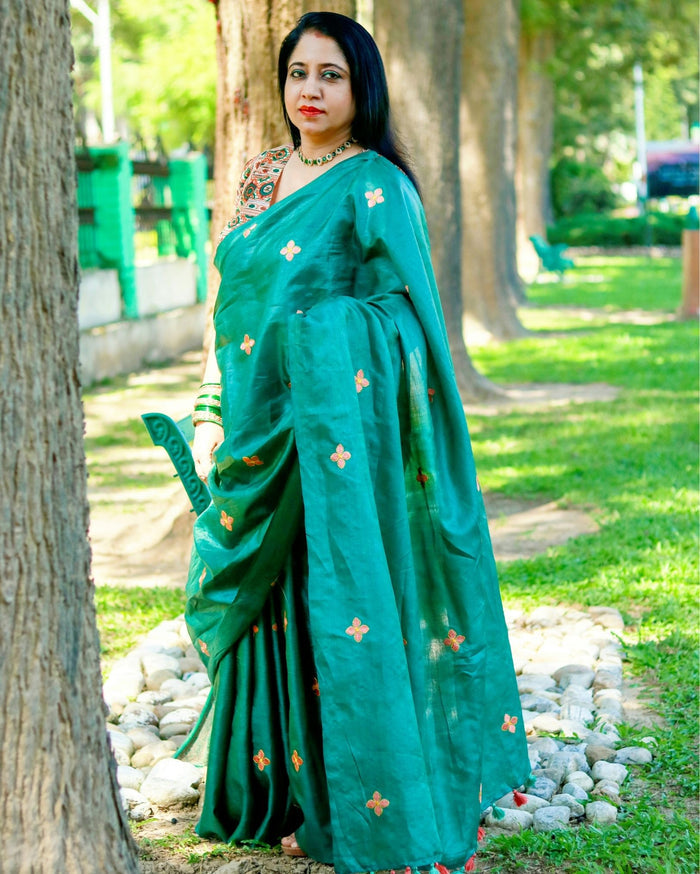 Tussar Silk Saree Online – Floral Buti Embroidery – Party Wear – Indiehaat