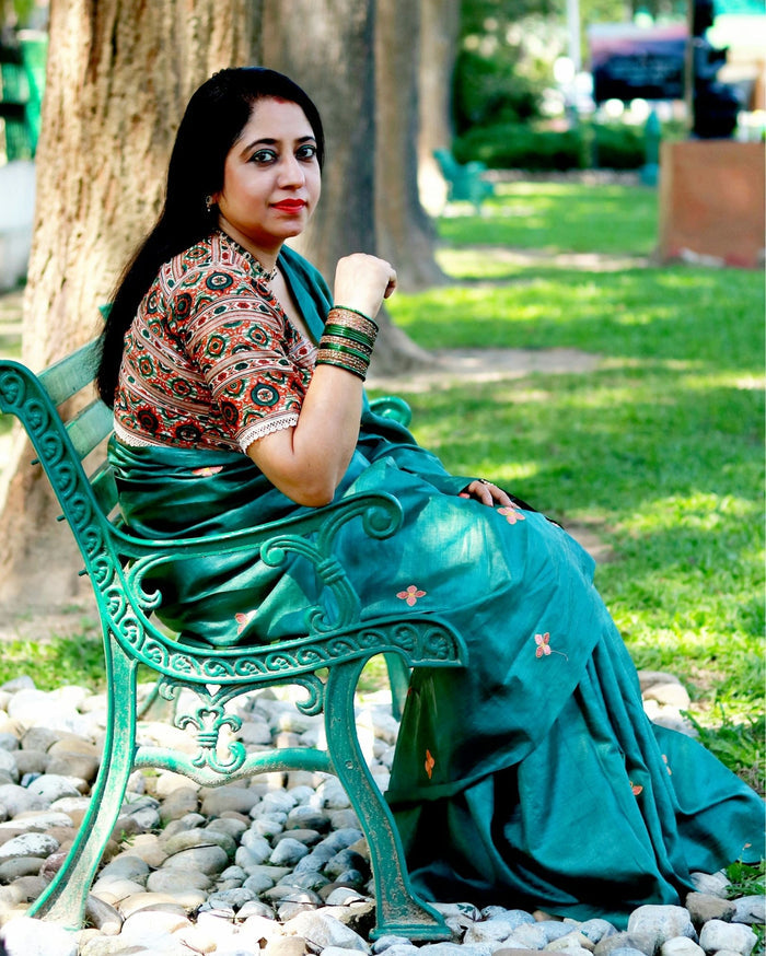 Tussar Silk Saree Online – Floral Buti Embroidery – Party Wear – Indiehaat