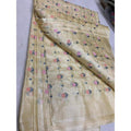 Silkmark Certified Pure Tussar Silk Embroidered Handloom Biege color Saree with Blouse (Tussar by Tussar)-Indiehaat