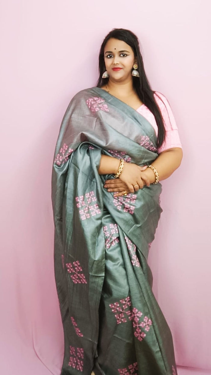 Silkmark Pure Tussar Modern Embroidered Gray Saree