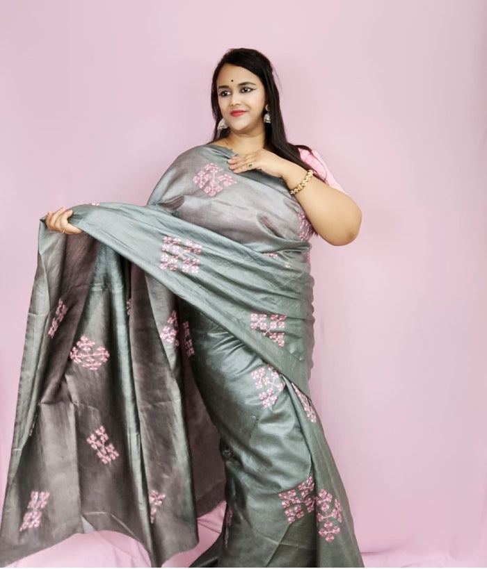 Silkmark Pure Tussar Modern Embroidered Gray Saree