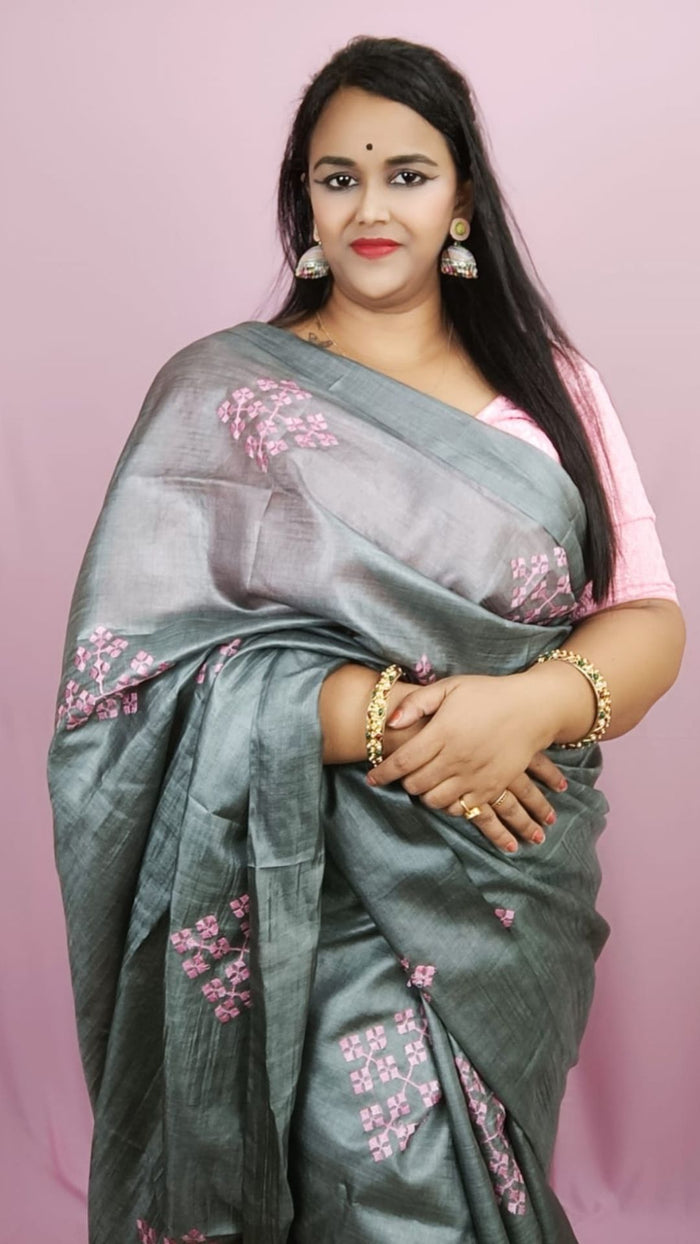 Silkmark Pure Tussar Modern Embroidered Gray Saree