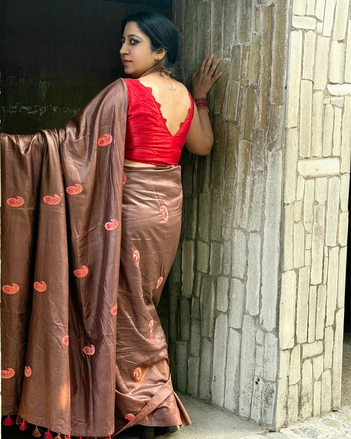 Tussar Silk Saree Online – Floral Buti Embroidery – Lightweight – Indiehaat