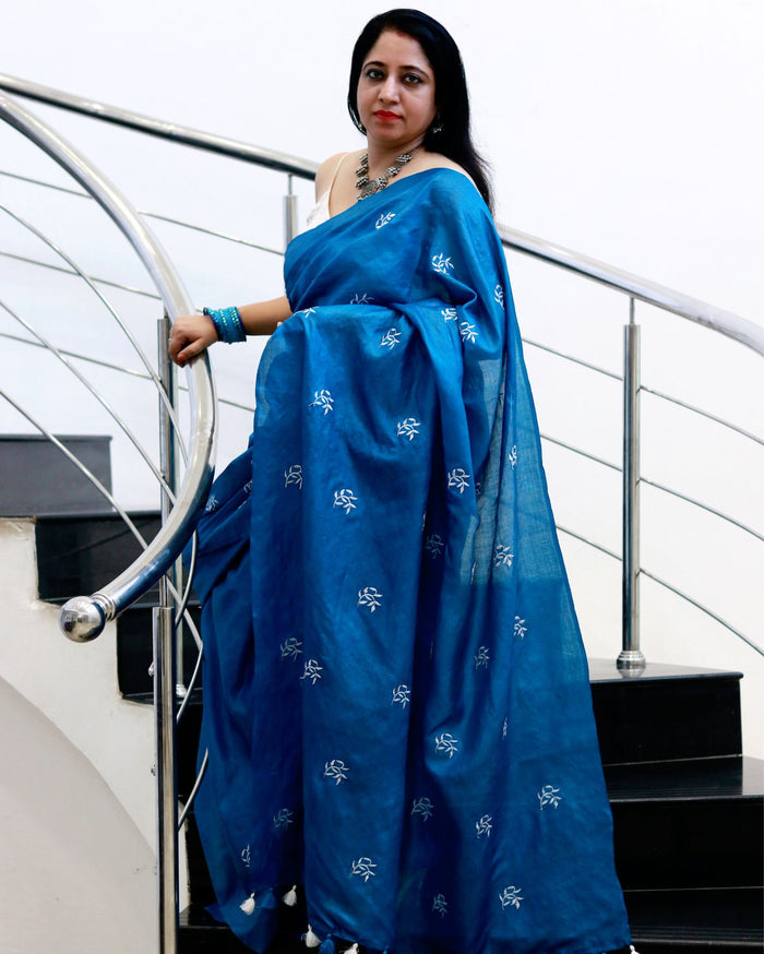 Tussar Silk Saree Online – Floral Buti Embroidery – Elegant – Indiehaat
