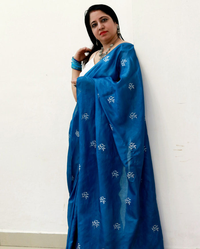 Tussar Silk Saree Online – Floral Buti Embroidery – Elegant – Indiehaat
