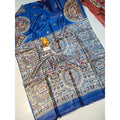 Silkmark Certified Tussar Silk Madhubani Block Print Blue Saree with Blouse-Indiehaat