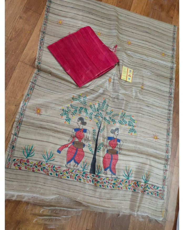 Silkmark Tussar Beige Madhubani Artistic Dupatta & Pink Top