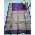 Silkmark Certified Tussar Silk Madhubani HANDPAINTED Voilet Saree with Blouse-Indiehaat