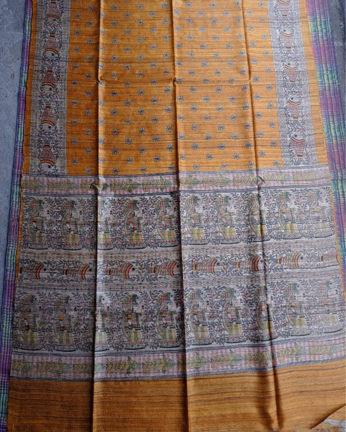 Silkmark Tussar Decorous Madhubani Yellow Saree