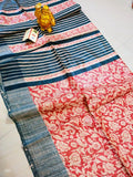 Silkmark Certified Tussar Silk Handloom Handblock Printed Red and Black Saree with Blouse-Indiehaat