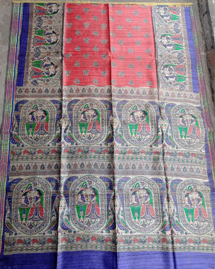 Silkmark Tussar Dreamy Madhubani Blue & Red Saree
