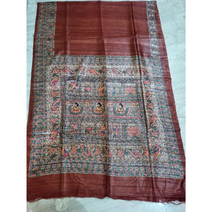 Silkmark Certified Tussar Silk Madhubani HANDPAINTED Brown Saree with Blouse-Indiehaat