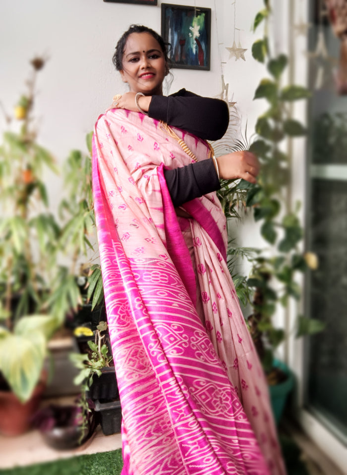 Silkmark Tussar Ethereal Blockprint Biege & Pink Saree